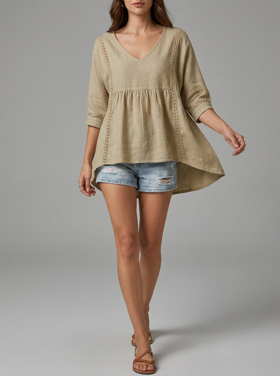 Lace Trim V-Neck Empire Waist Top - Bell Sleeve Peasant Blouse