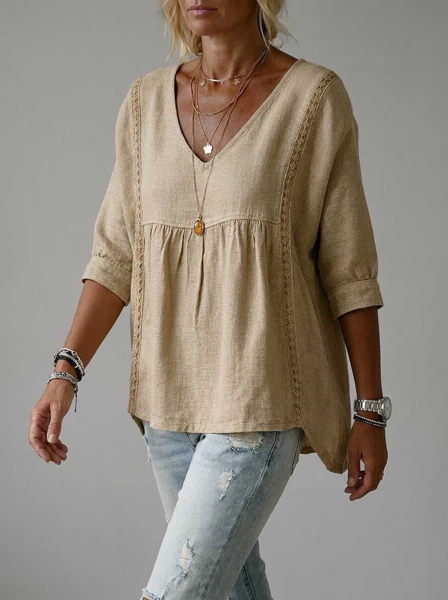 Lace Trim V-Neck Empire Waist Top - Bell Sleeve Peasant Blouse