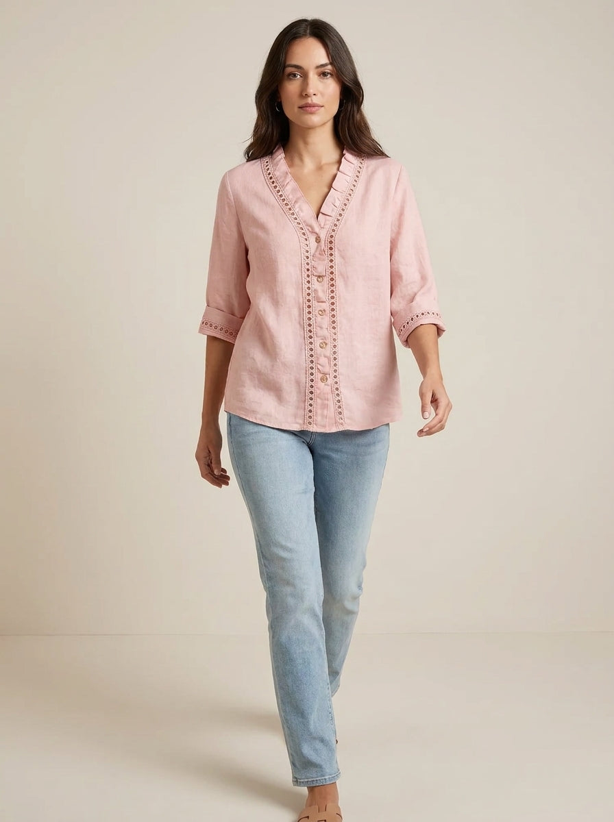 Ruffled Eyelet Lace Trim Blouse - Collared Three-Quarter Sleeve Top