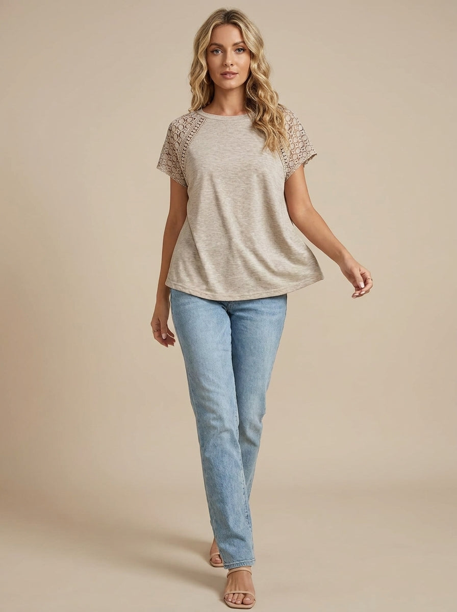 Raglan Sleeve Lace Patchwork Top - Round Neck Short Sleeve Blouse