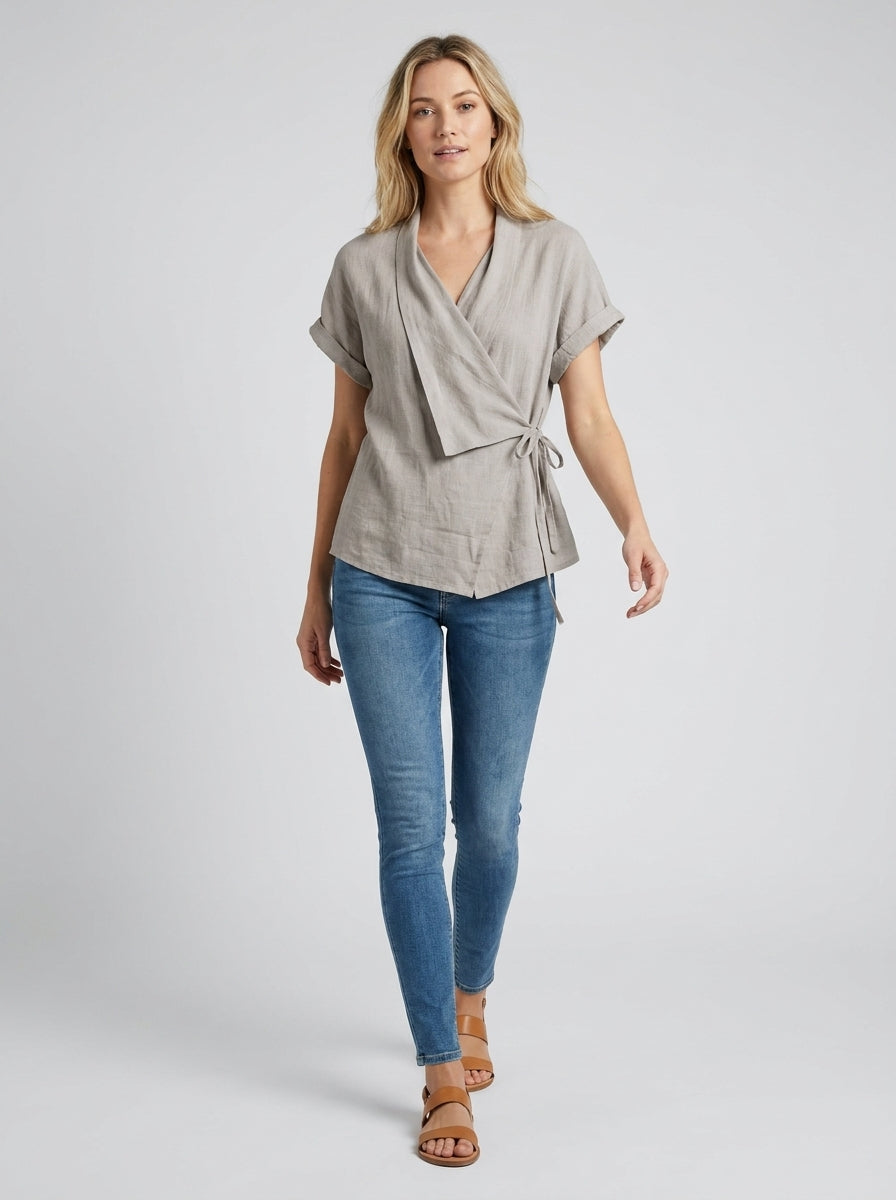 Wrap Front Tie-Waist Top - V-Neck Short Sleeve Blouse