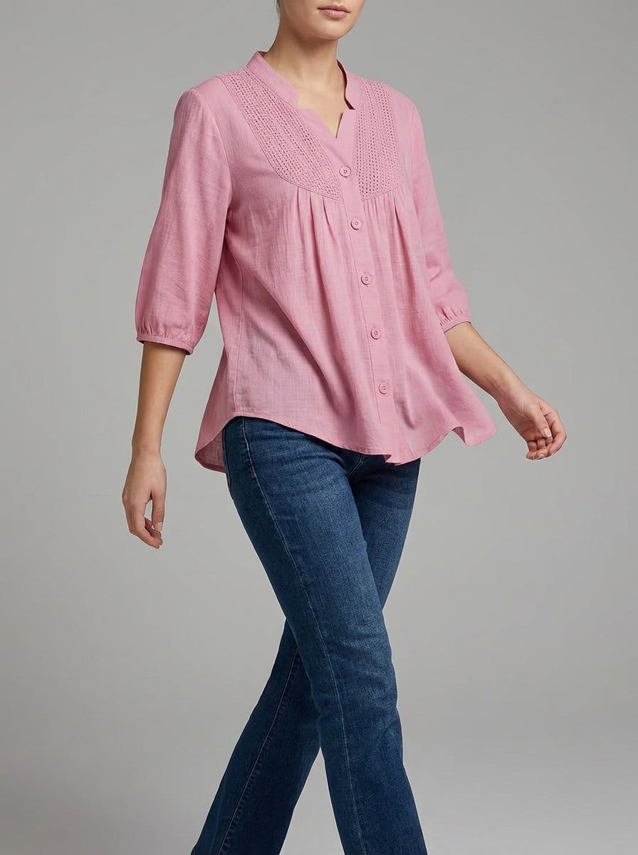 Textured Yoke V-Neck Button-Up Top - Three-Quarter Sleeve Blouse