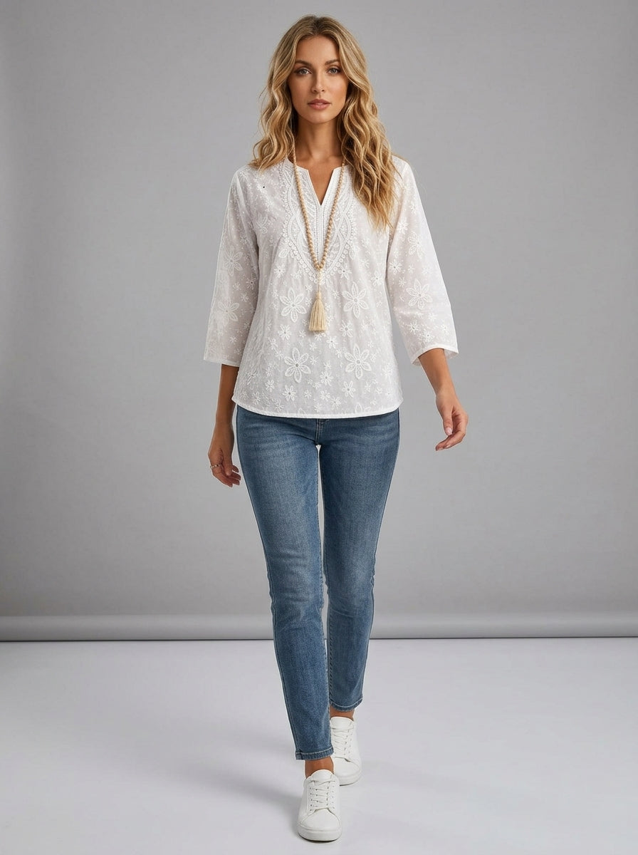 Floral Embroidered Lace V-Neck Top - Relaxed Fit Blouse