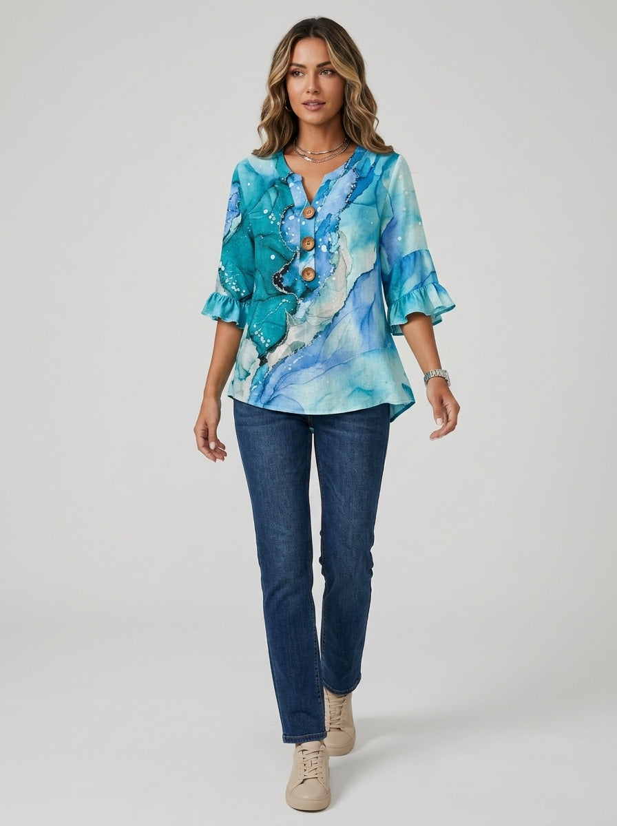 Watercolor Print Bell Sleeve Top - Button Front V-Neck Blouse