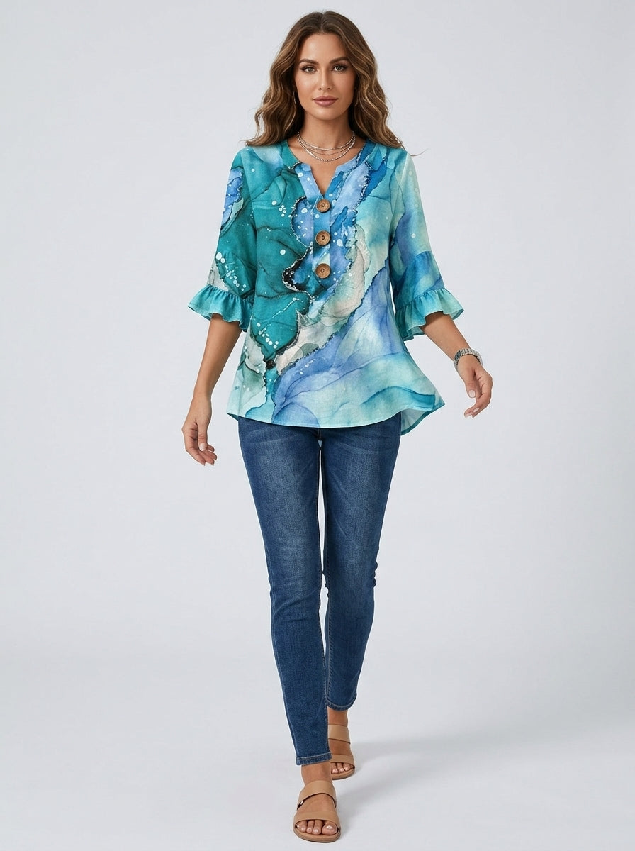 Watercolor Print Bell Sleeve Top - Button Front V-Neck Blouse