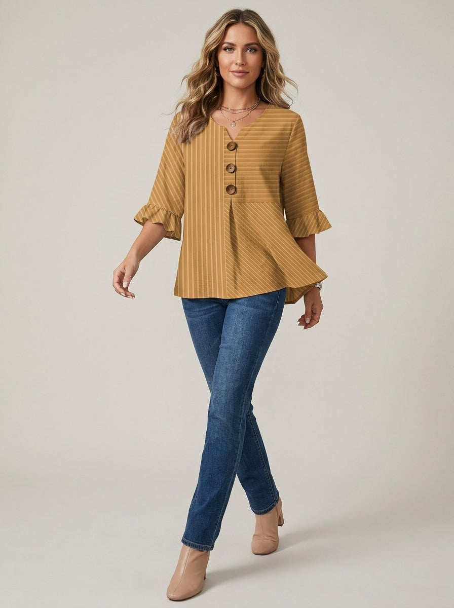Two-Tone Striped Bell Sleeve Top - Button Front V-Neck Blouse