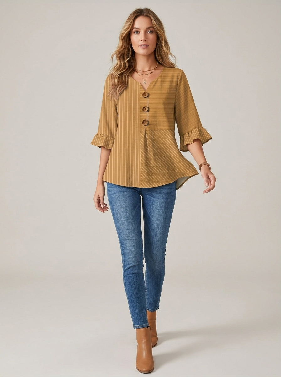 Two-Tone Striped Bell Sleeve Top - Button Front V-Neck Blouse