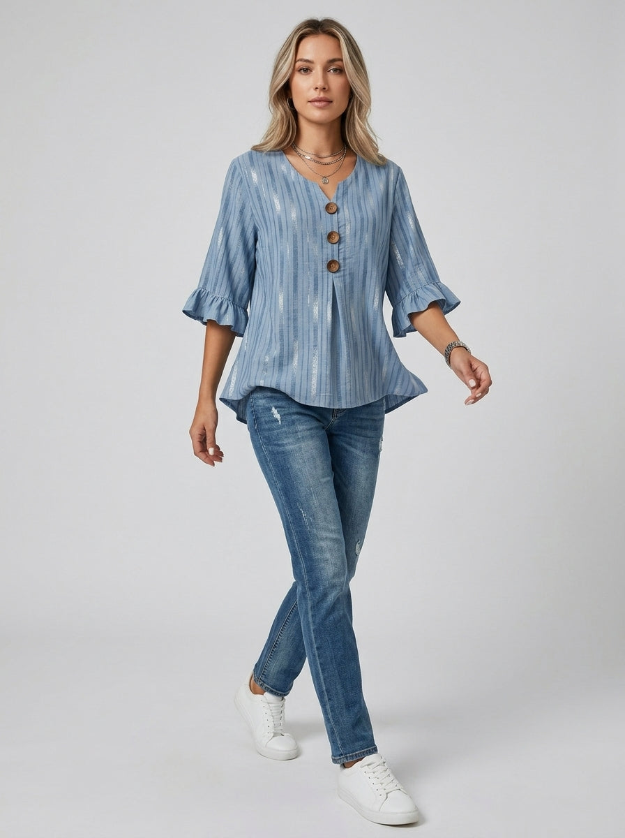 Striped Bell Sleeve Top - Button Front V-Neck Blouse