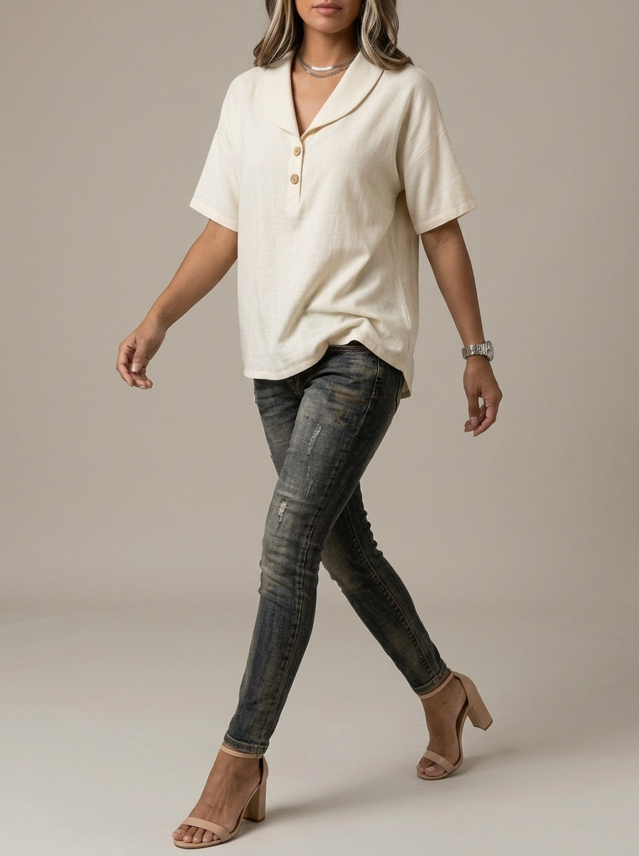 Collared Two-Button Placket Top - Short Sleeve Cotton Linen Blouse