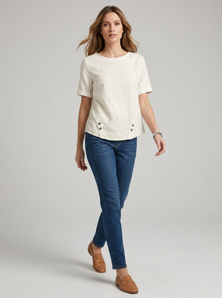 White Contrast Collar Blouse - Retro Cotton Linen Side-Button Top