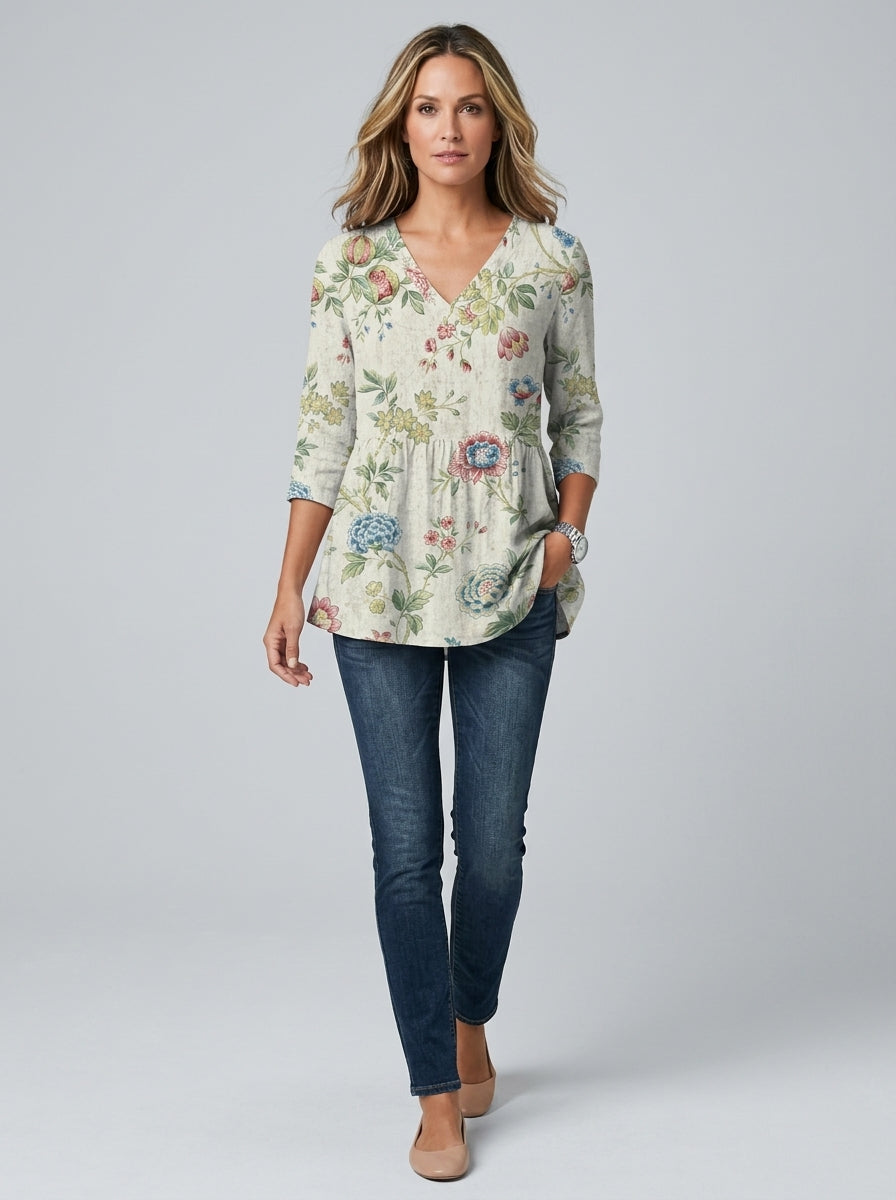 Floral Print Peplum Tunic - V-Neck 3/4 Sleeve Swing Hem Top