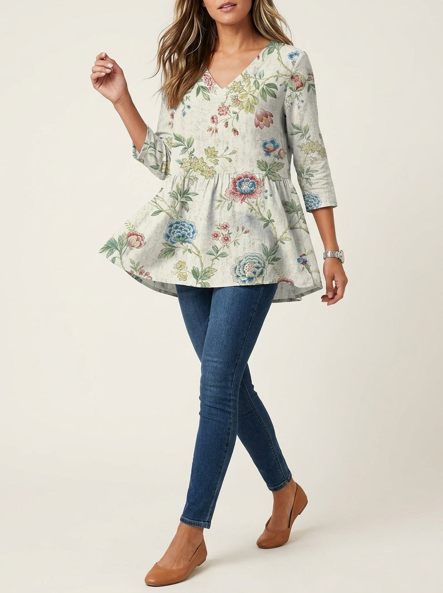 Floral Print Peplum Tunic - V-Neck 3/4 Sleeve Swing Hem Top