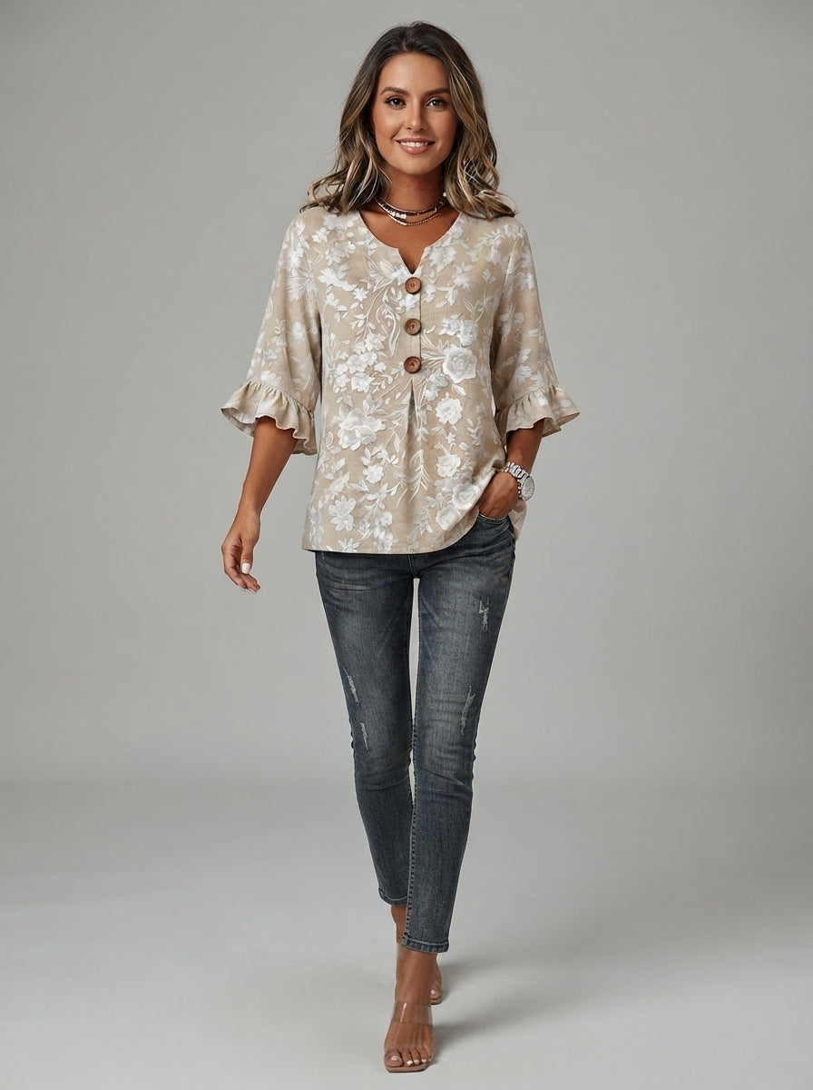 Beige Floral Print Blouse - Wood Button V-Neck Ruffle Sleeve Top