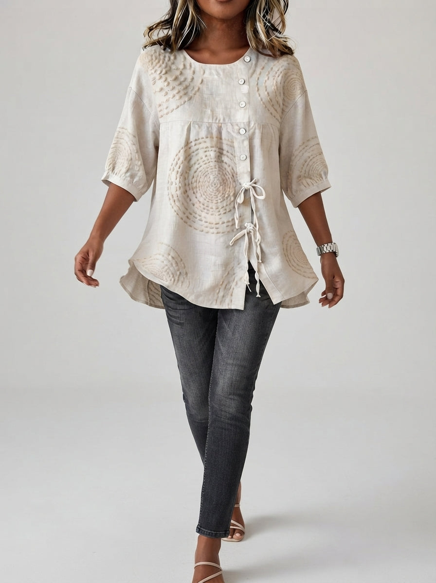Cream Circle Print Blouse - Button Front Drawstring Hem Top