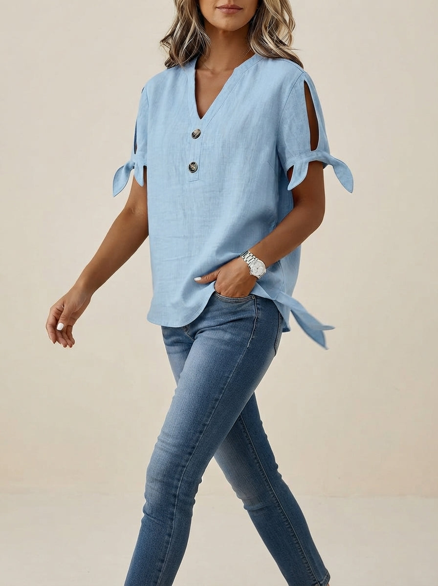 Light Blue Cold Shoulder Top - Tie Sleeve Button V-Neck Blouse