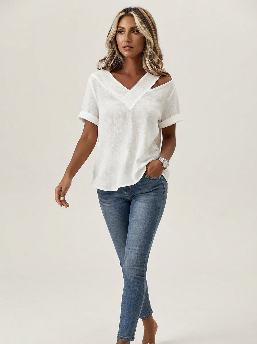 White Asymmetric Cutout Top - V-Neck Rolled Cuff Short Sleeve Blouse