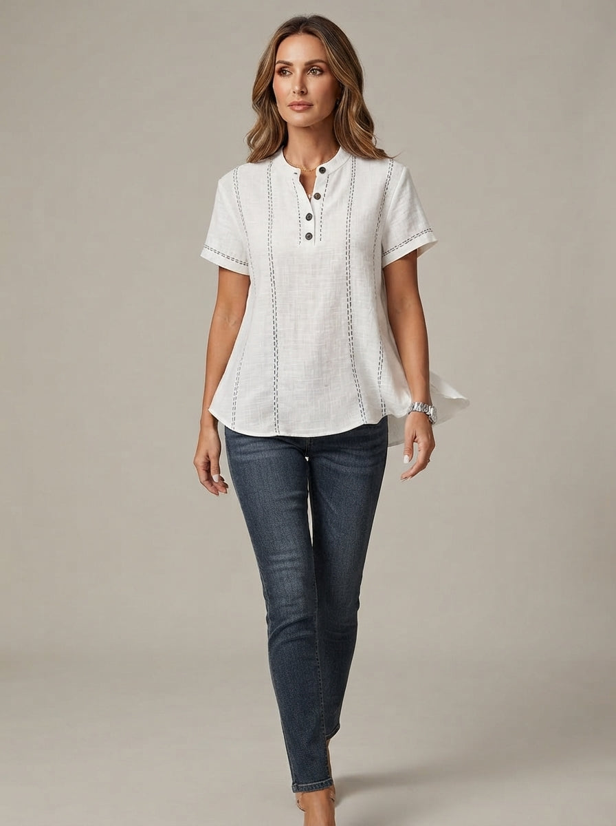 White Contrast Stitch Top - Button V-Neck Short Sleeve Blouse