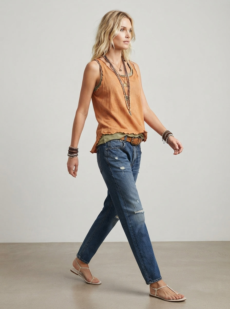 Rust Orange Tank Top - U-Neck Contrast Trim Sleeveless Cotton Top