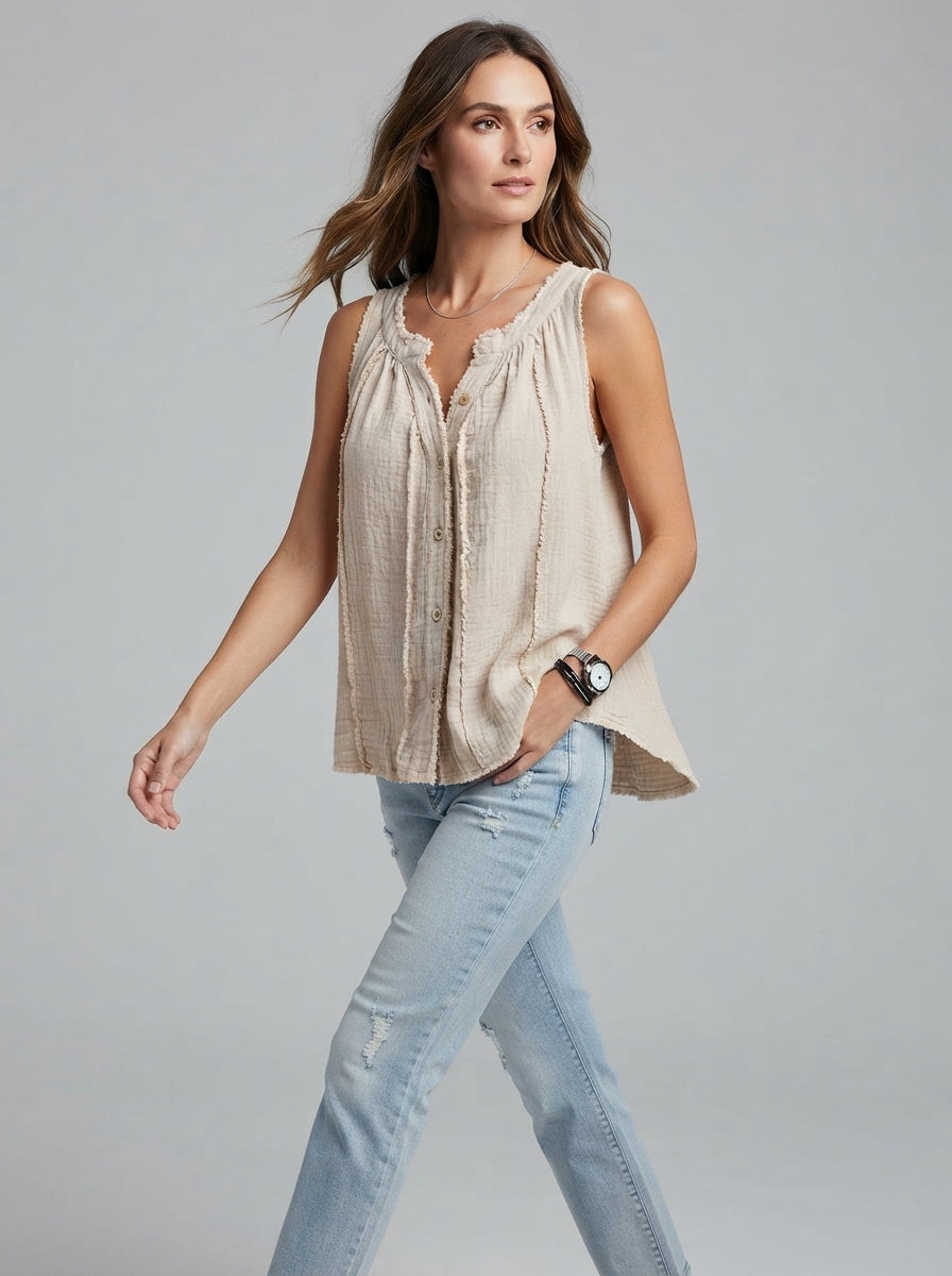 Beige Frayed Edge Tank Top - Button Front Round Neck Sleeveless Top