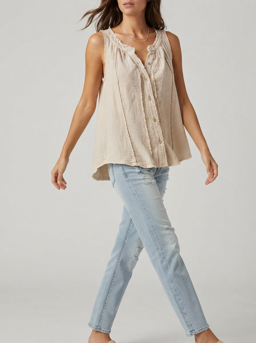 Beige Frayed Edge Tank Top - Button Front Round Neck Sleeveless Top