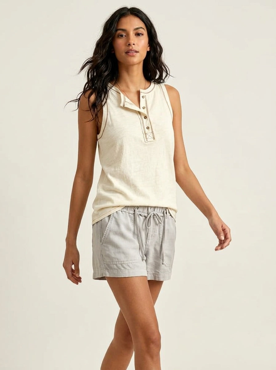 Cream Contrast Stitch Henley Tank - Cotton Linen Button Placket Top