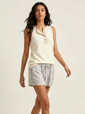 Cream Contrast Stitch Henley Tank - Cotton Linen Button Placket Top