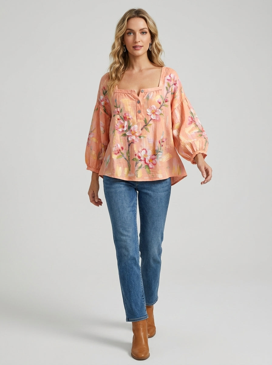 Peach Floral Print Blouse - Square Neck Balloon Sleeve Top