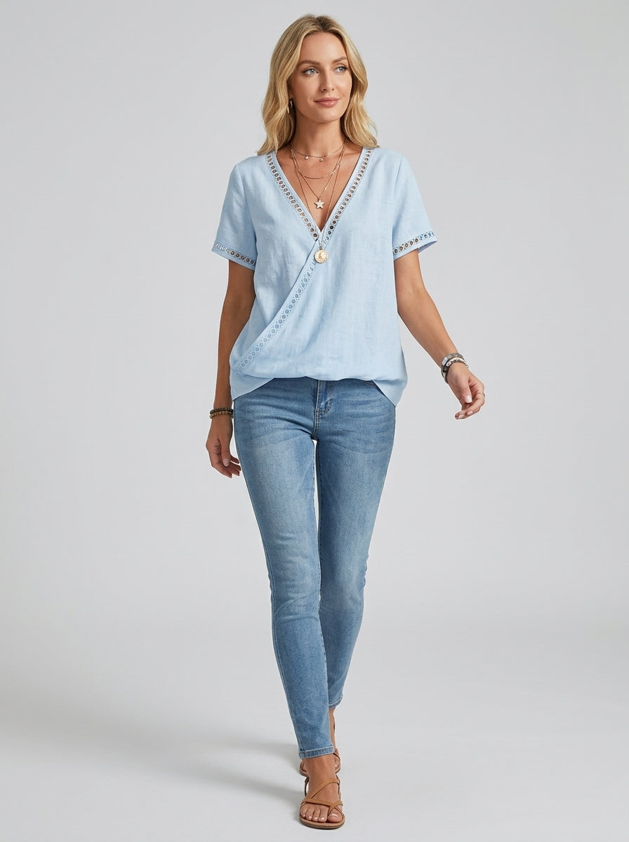 Blue Eyelet Trim V-Neck Blouse - Faux Wrap Short Sleeve Cotton Top