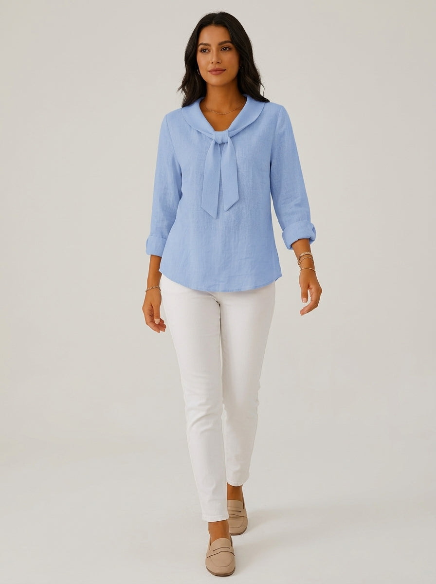 Light Blue Tie-Neck Blouse - Long Sleeve Notched Collar Casual Top