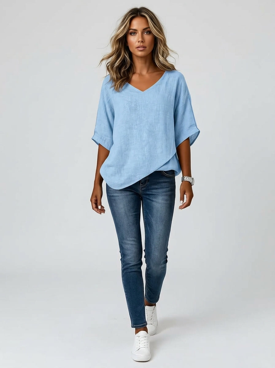 Light Blue V-Neck Blouse - Dolman Sleeve Asymmetric Hem Top