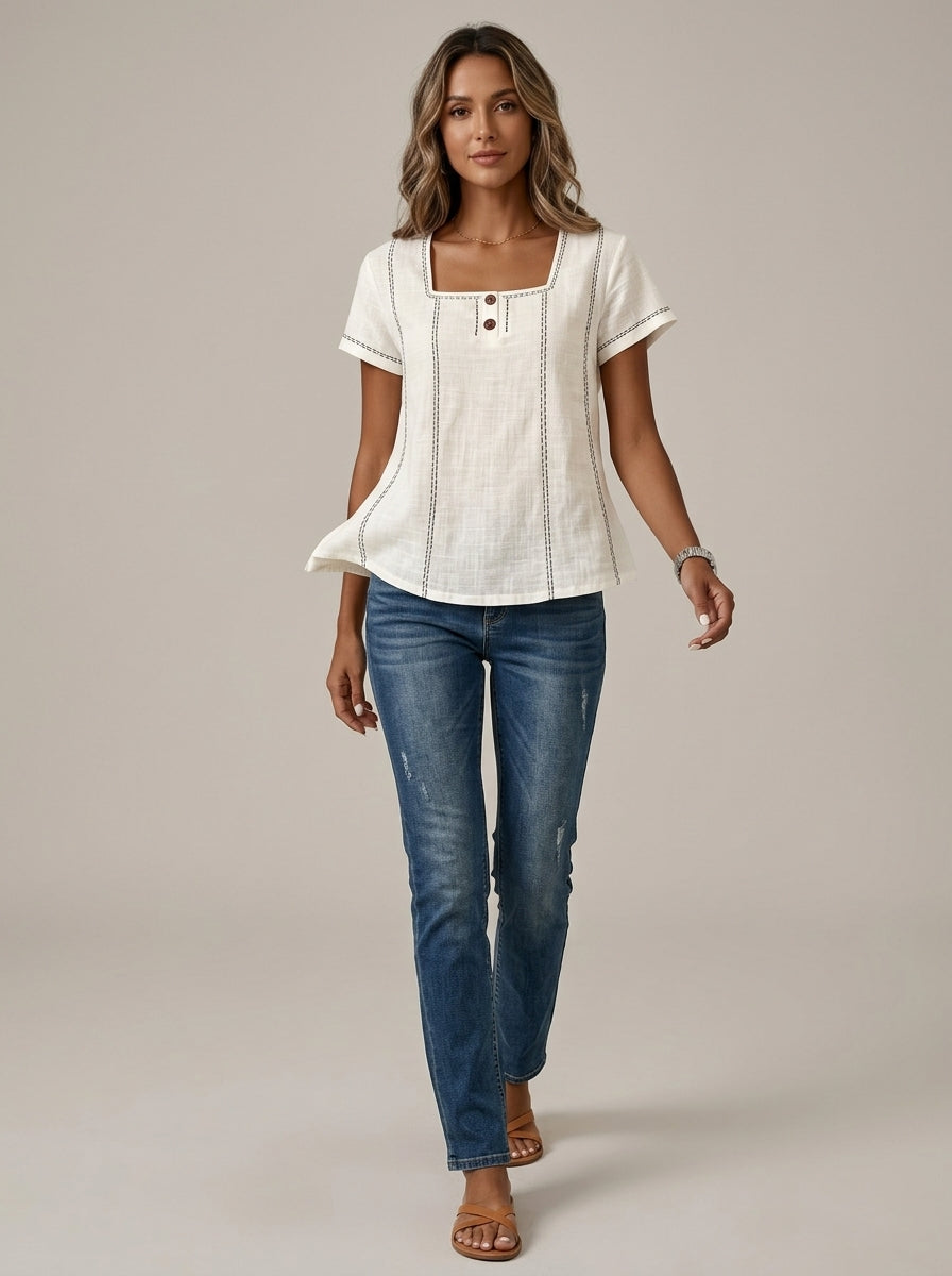 White Square Neck Contrast Stitch Blouse - Two-Button Casual Top