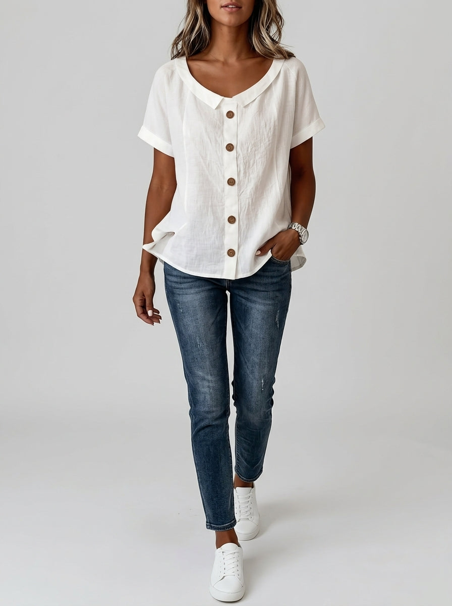 White Collared Button-Front Blouse - Casual Cotton Short Sleeve Top
