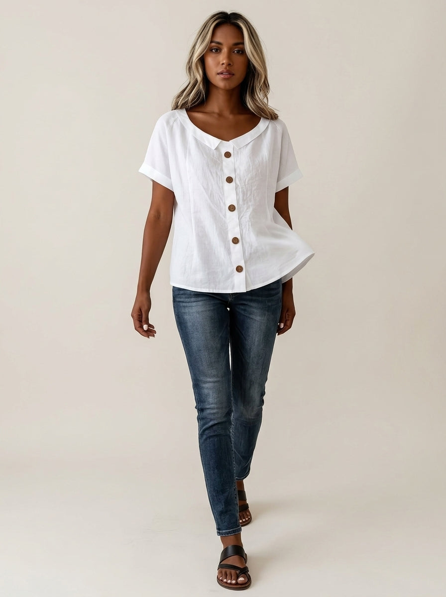 White Collared Button-Front Blouse - Casual Cotton Short Sleeve Top
