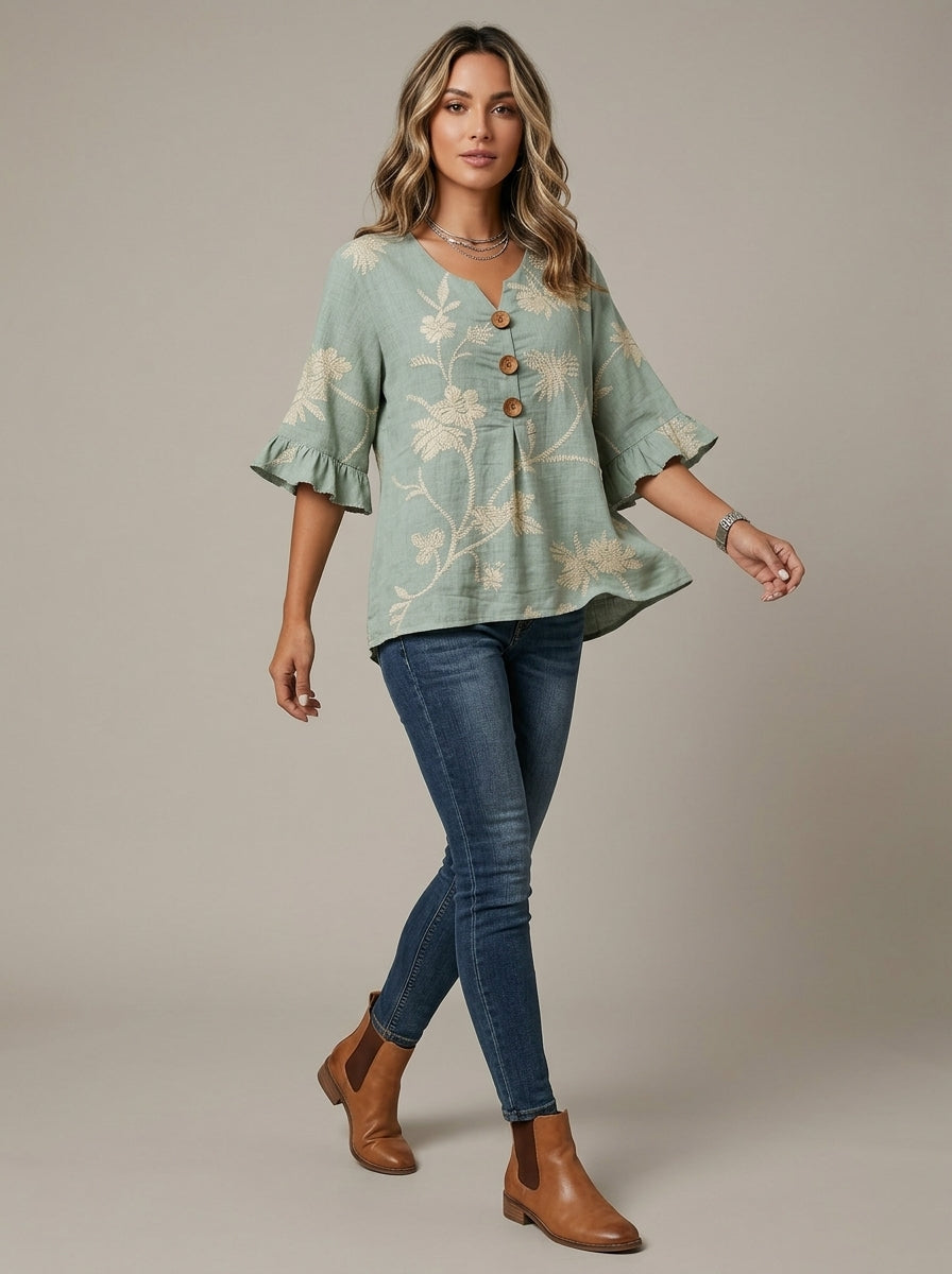 Sage Green Floral Print Blouse - Wood Button Ruffle Sleeve Top