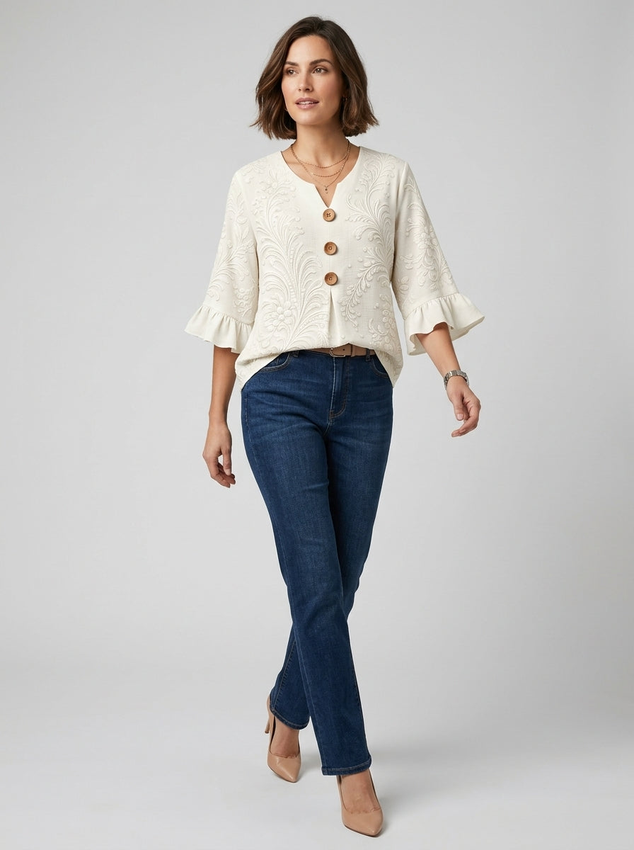 White Tonal Damask Print Blouse - Wood Button Ruffle Sleeve V-Neck