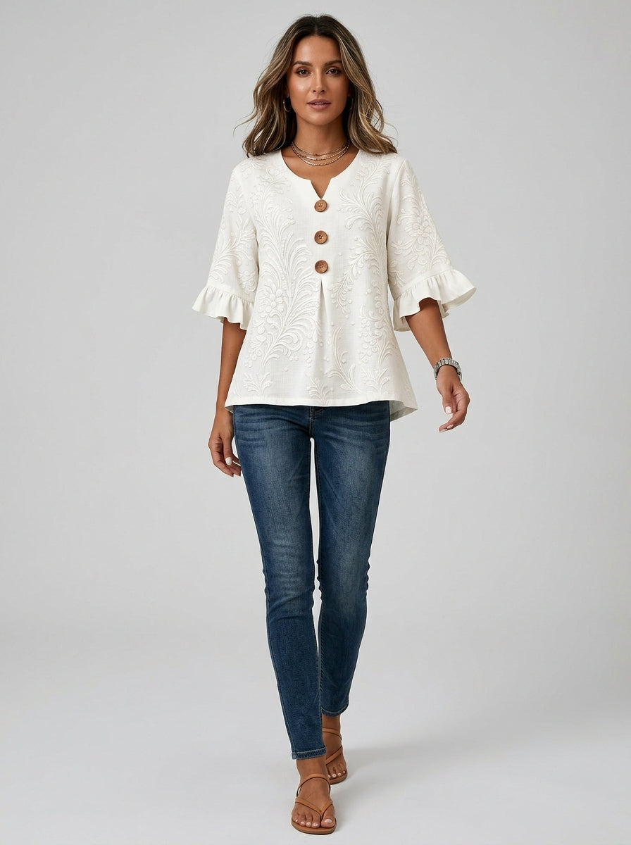 White Tonal Damask Print Blouse - Wood Button Ruffle Sleeve V-Neck