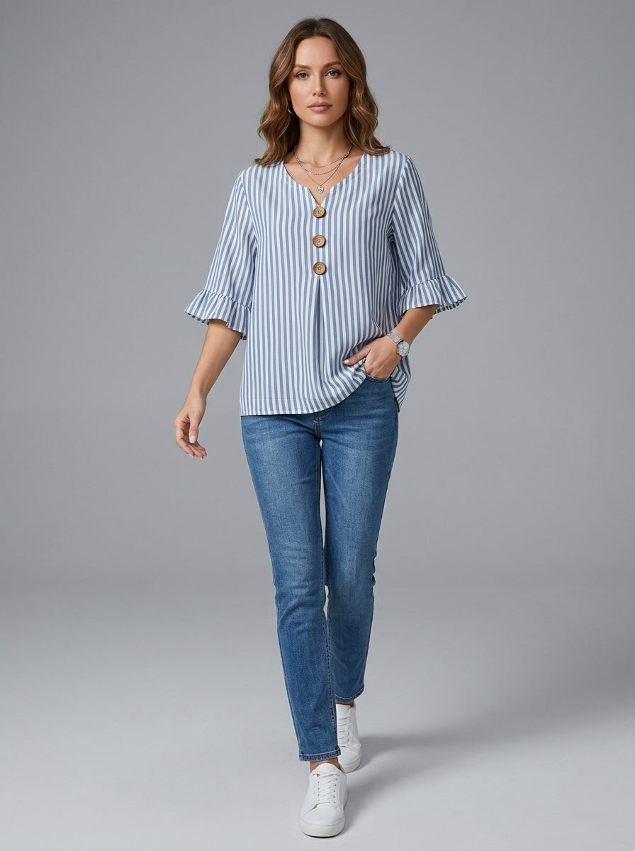 Blue Striped Blouse - Wood Button Ruffle Sleeve V-Neck Casual Top