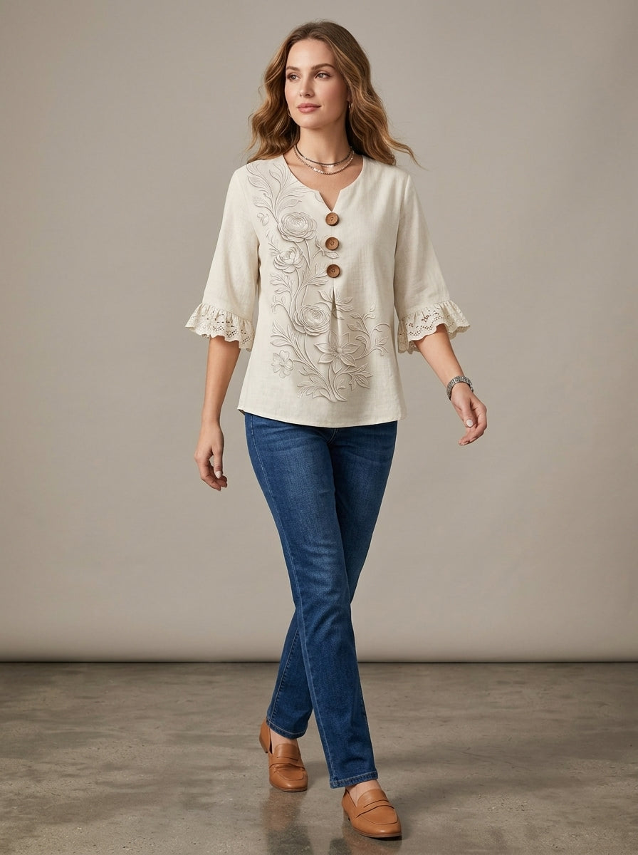 Cream Embroidered Floral Blouse - Wood Button V-Neck Lace Sleeve Top