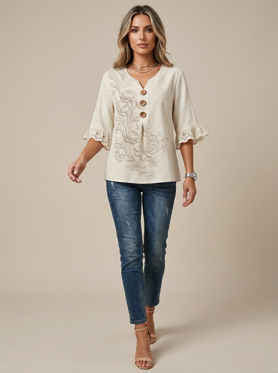 Cream Embroidered Floral Blouse - Wood Button V-Neck Lace Sleeve Top