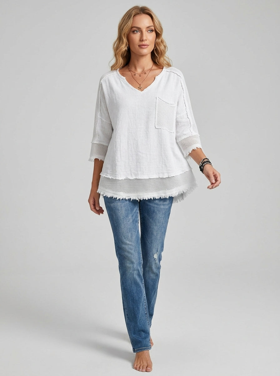 Casual Linen Cotton Color-Block Top in White - Raw-Edge Waffle Knit V-Neck Top