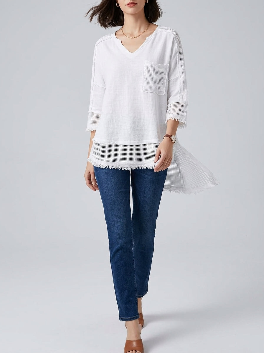 Casual Linen Cotton Color-Block Top in White - Raw-Edge Waffle Knit V-Neck Top