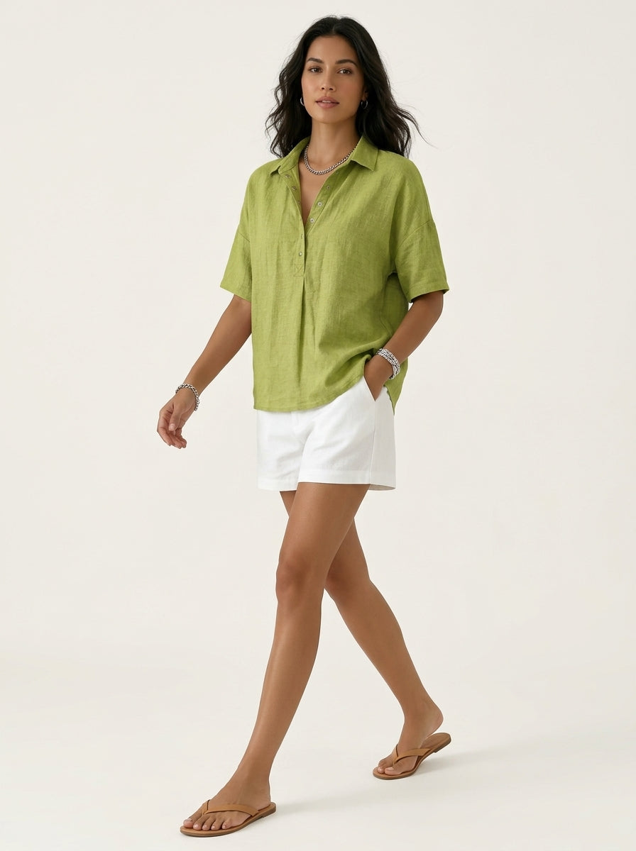Casual Cotton Linen Snap-Button Polo Top in Chartreuse Green - Short Sleeve Relaxed Fit Polo