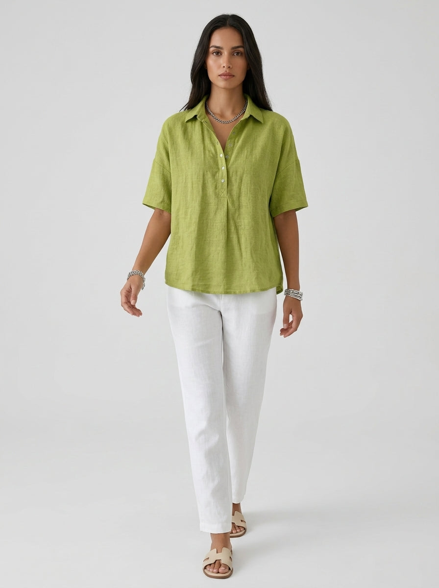 Casual Cotton Linen Snap-Button Polo Top in Chartreuse Green - Short Sleeve Relaxed Fit Polo