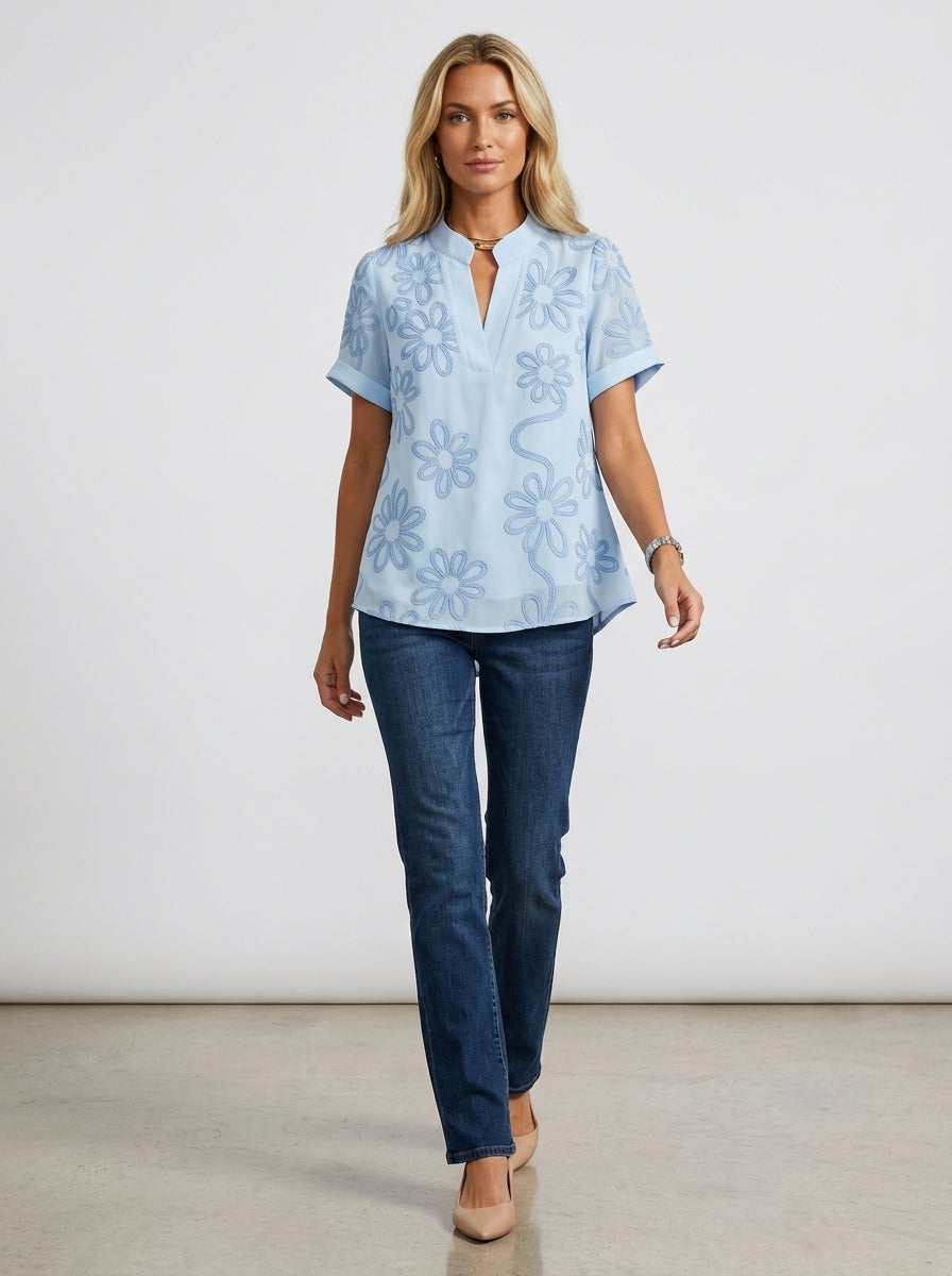 Casual Abstract Floral Print Notched V-Neck Top in Light Blue - Short Sleeve Split Neck Blouse