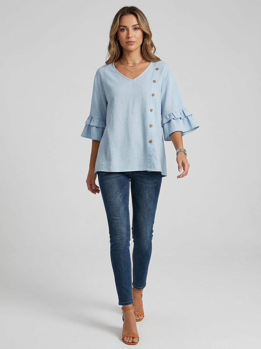 Casual Solid Color Top in Light Blue - Asymmetric Button Trim V-Neck Ruffle Sleeve Top