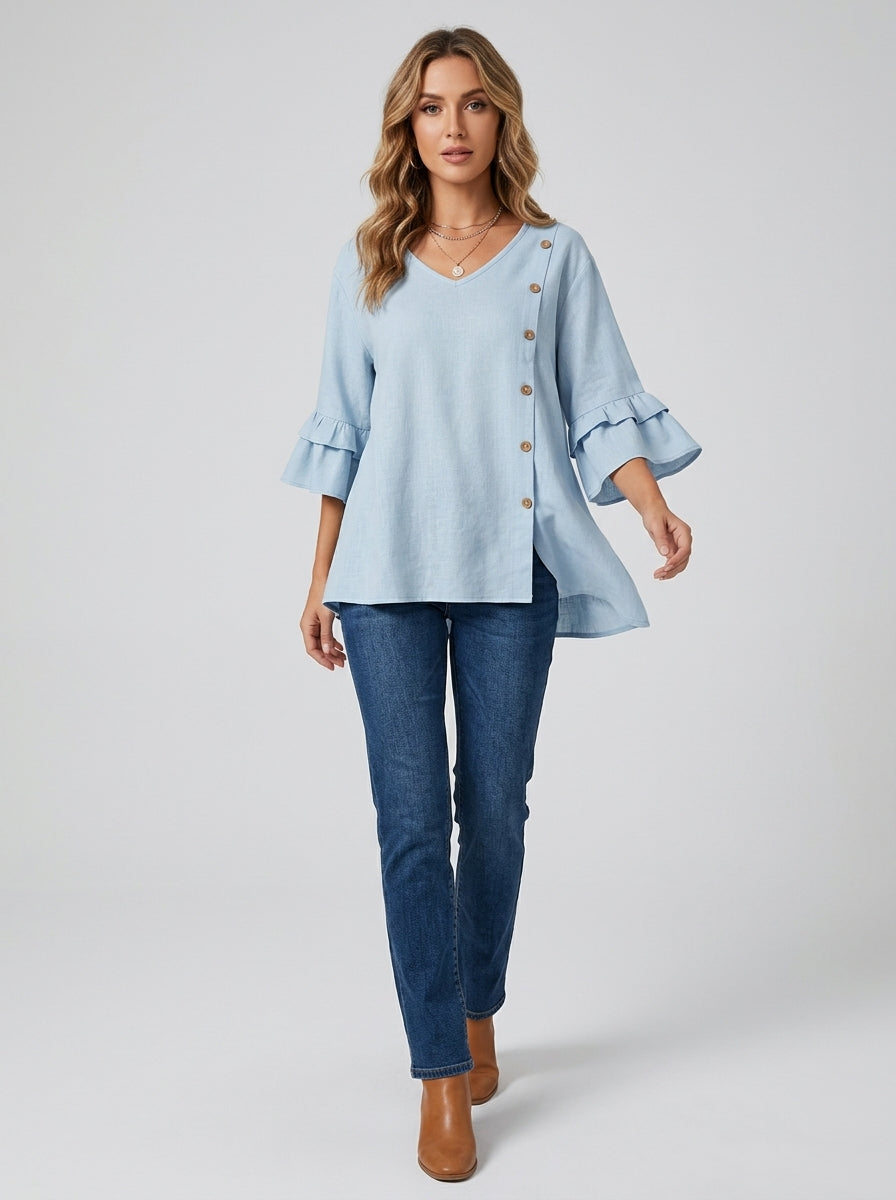 Casual Solid Color Top in Light Blue - Asymmetric Button Trim V-Neck Ruffle Sleeve Top