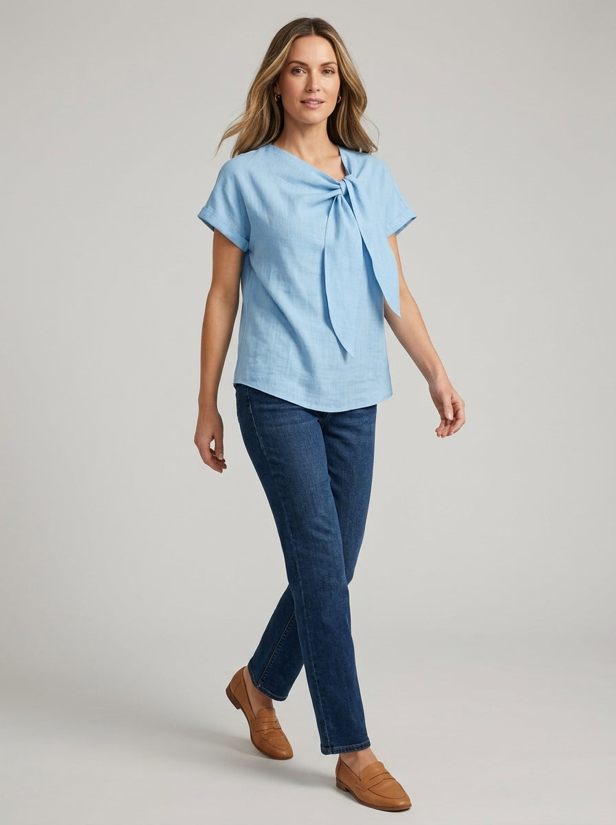 Casual Linen Cotton Tie-Neck Blouse in Light Blue - Short Sleeve Draped Bow Top