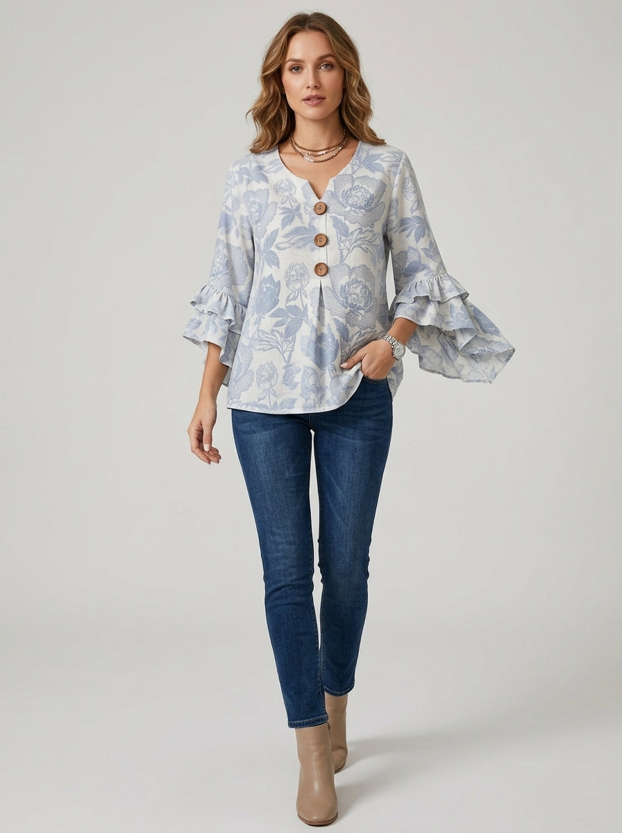 Casual Floral Print Button-Front Top in Blue and White - Ruffle Sleeve V-Neck Blouse