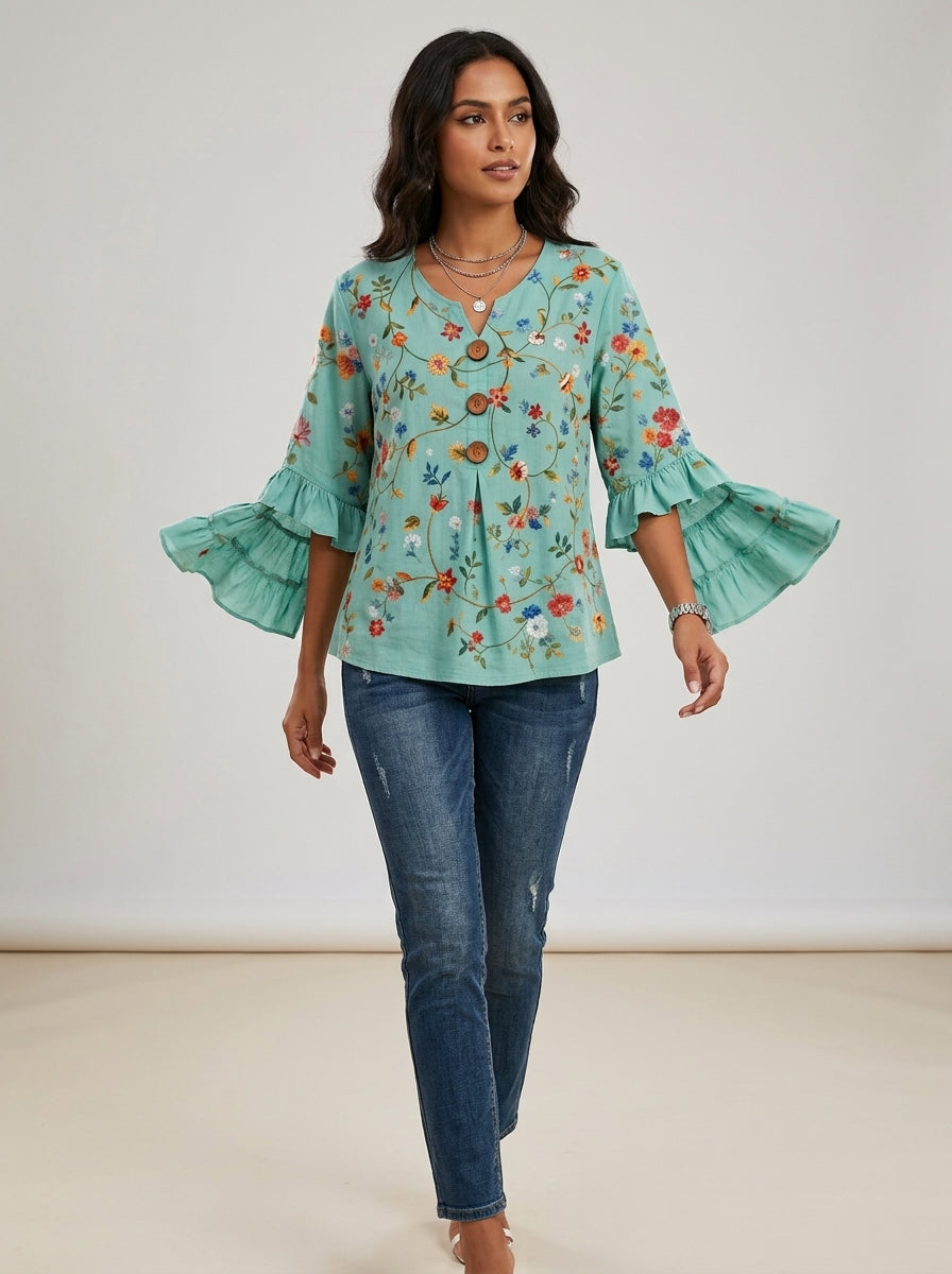 Casual Multicolor Floral Print Button-Front Top in Mint Green - Ruffle Sleeve V-Neck Blouse