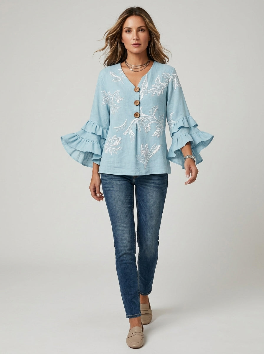 Casual Botanical Leaf Print Button-Front Top in Light Blue - Ruffle Sleeve V-Neck Blouse